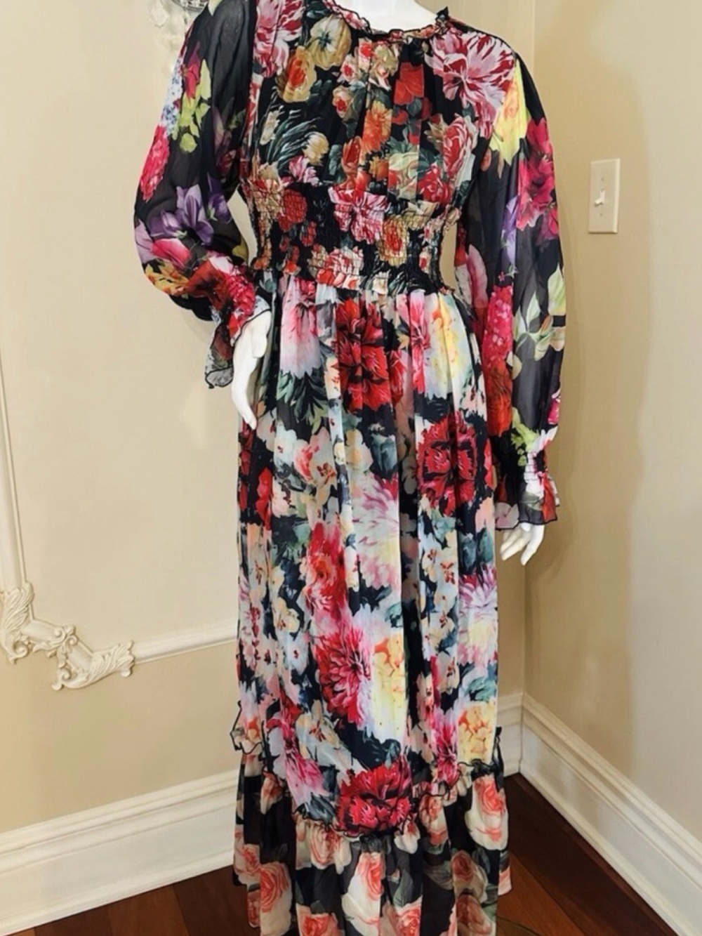 Dalia Macphee VIBRANT Floral Chiffon Smocked Waist Maxi Dress MEDIUM GORGEOUS - Picture 12 of 16
